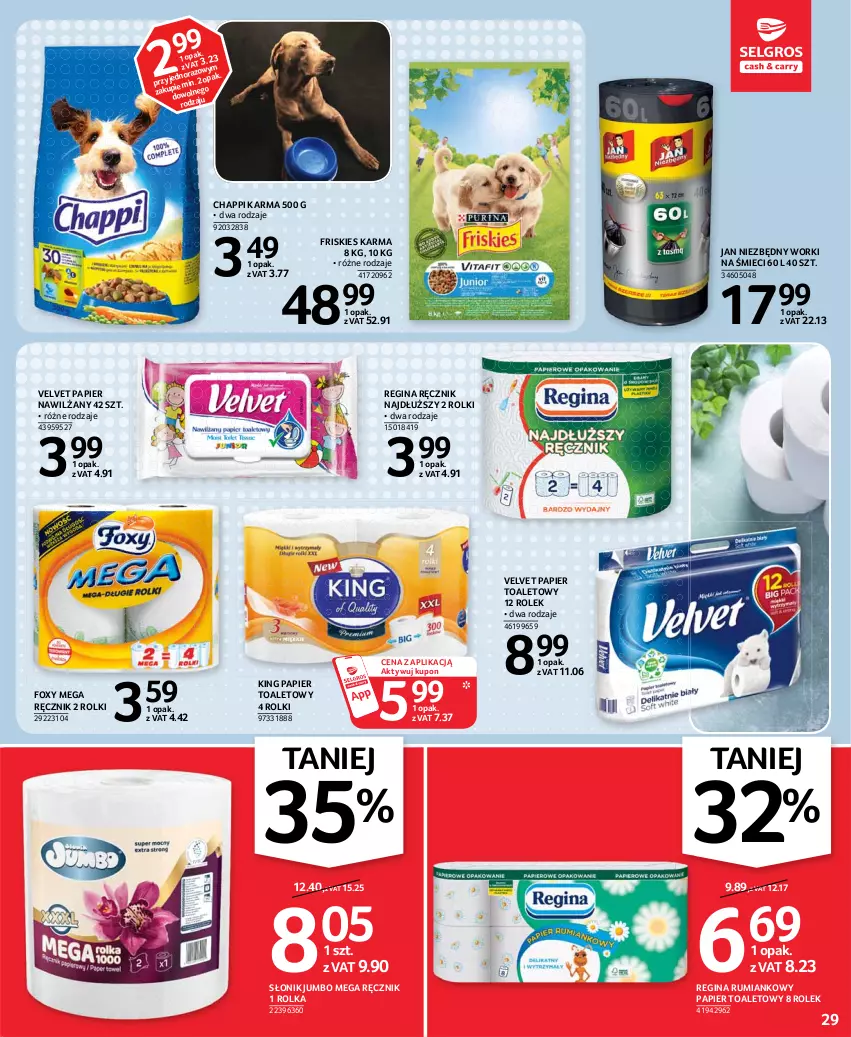 Gazetka promocyjna Selgros - Oferta spożywcza - ważna 13.05 do 26.05.2021 - strona 29 - produkty: Chappi, Foxy, Friskies, Gin, Jan Niezbędny, Papier, Papier toaletowy, Ręcznik, Rolki, Rum, Velvet, Worki na śmiec, Worki na śmieci