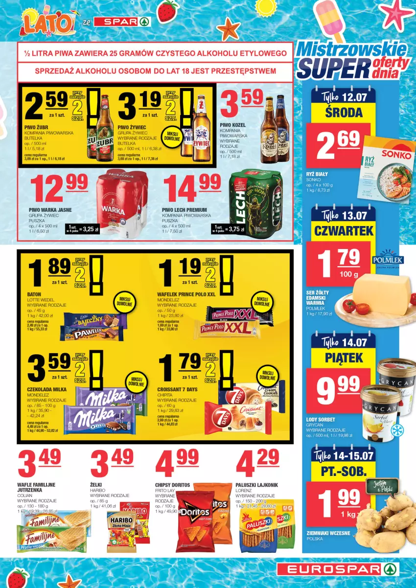 Gazetka promocyjna Spar - EuroSpar - ważna 02.07 do 12.07.2023 - strona 7 - produkty: 7 Days, Baton, Chipsy, Croissant, Czekolada, Fa, Gra, Haribo, Jutrzenka, Lajkonik, Lech Premium, Lorenz, Milka, Piwa, Piwo, Prince Polo, Wafelek, Wafle, Warka