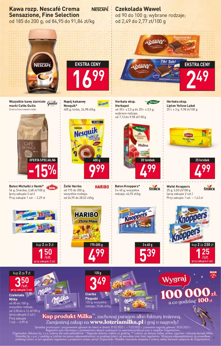 Gazetka promocyjna Stokrotka - Market - ważna 10.02 do 16.02.2022 - strona 7 - produkty: Baton, Ciastka, Czekolada, Haribo, Herbapol, Herbata, Kakao, Kawa, Knoppers, Lipton, Michałki, Milka, Napój, Nescafé, Nesquik, Torba, Wawel