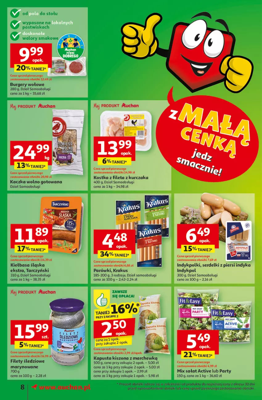 Gazetka promocyjna Auchan - z MAŁĄ CENKĄ dźwigniesz więcej! Supermarket - ważna 06.02 do 12.02.2025 - strona 10 - produkty: Burger, Kaczka, Kiełbasa, Kiełbasa śląska, Krakus, Kurczak, Parówki, Sałat, Ser, Serdelki, Tarczyński