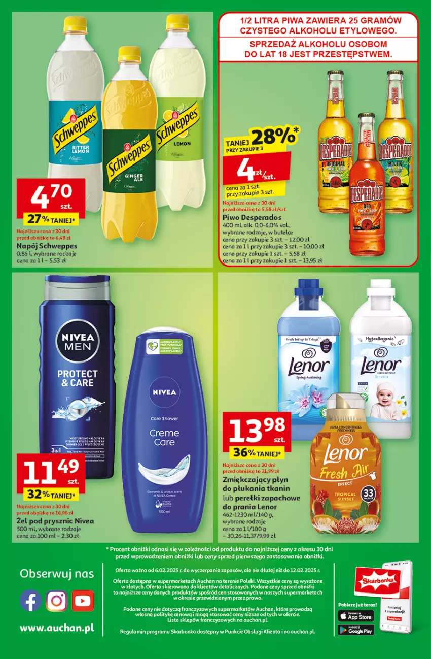 Gazetka promocyjna Auchan - z MAŁĄ CENKĄ dźwigniesz więcej! Supermarket - ważna 06.02 do 12.02.2025 - strona 14 - produkty: Desperados, Gra, Lenor, Napój, Nivea, Perełki zapachowe, Piwa, Piwo, Płyn do płukania, Schweppes