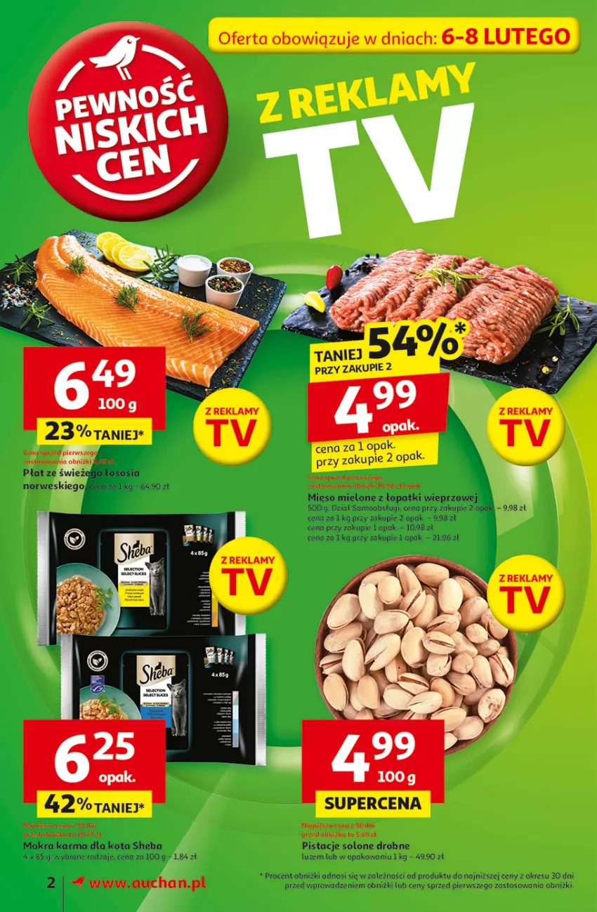 Gazetka promocyjna Auchan - z MAŁĄ CENKĄ dźwigniesz więcej! Supermarket - ważna 06.02 do 12.02.2025 - strona 2 - produkty: Fa, Mięso, Mięso mielone, Mięso mielone z łopatki wieprzowej, Mokra karma, Pistacje, Sheba, Sos