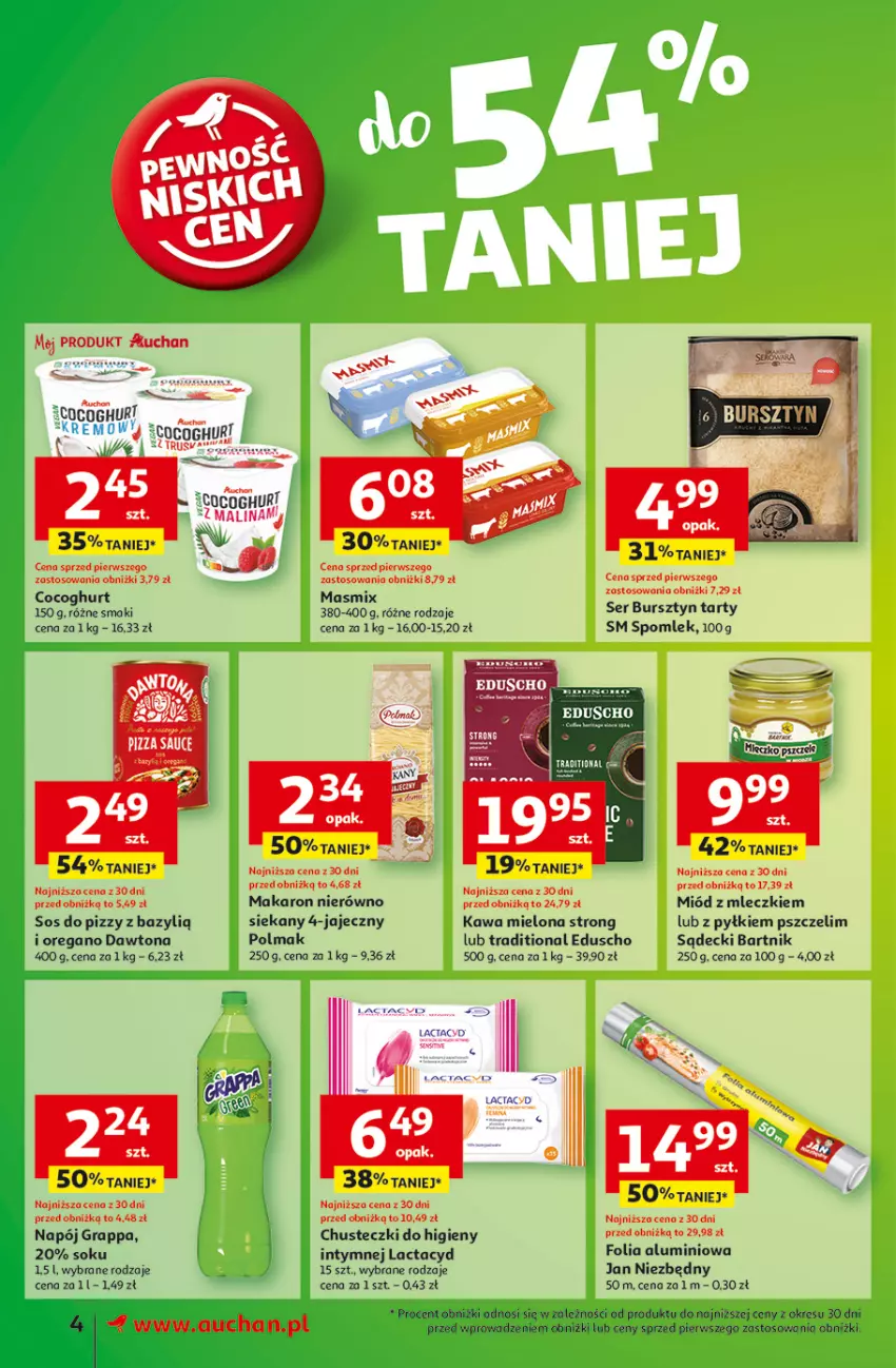 Gazetka promocyjna Auchan - z MAŁĄ CENKĄ dźwigniesz więcej! Supermarket - ważna 06.02 do 12.02.2025 - strona 4 - produkty: Bazyl, Bursztyn, Chusteczki, Chusteczki do higieny, Dawtona, Fa, Folia aluminiowa, Gra, Grappa, Jan Niezbędny, Kawa, Kawa mielona, Lactacyd, Makaron, Miód, Napój, Olma, Por, Ser, Sok, Sos, Sos do pizzy