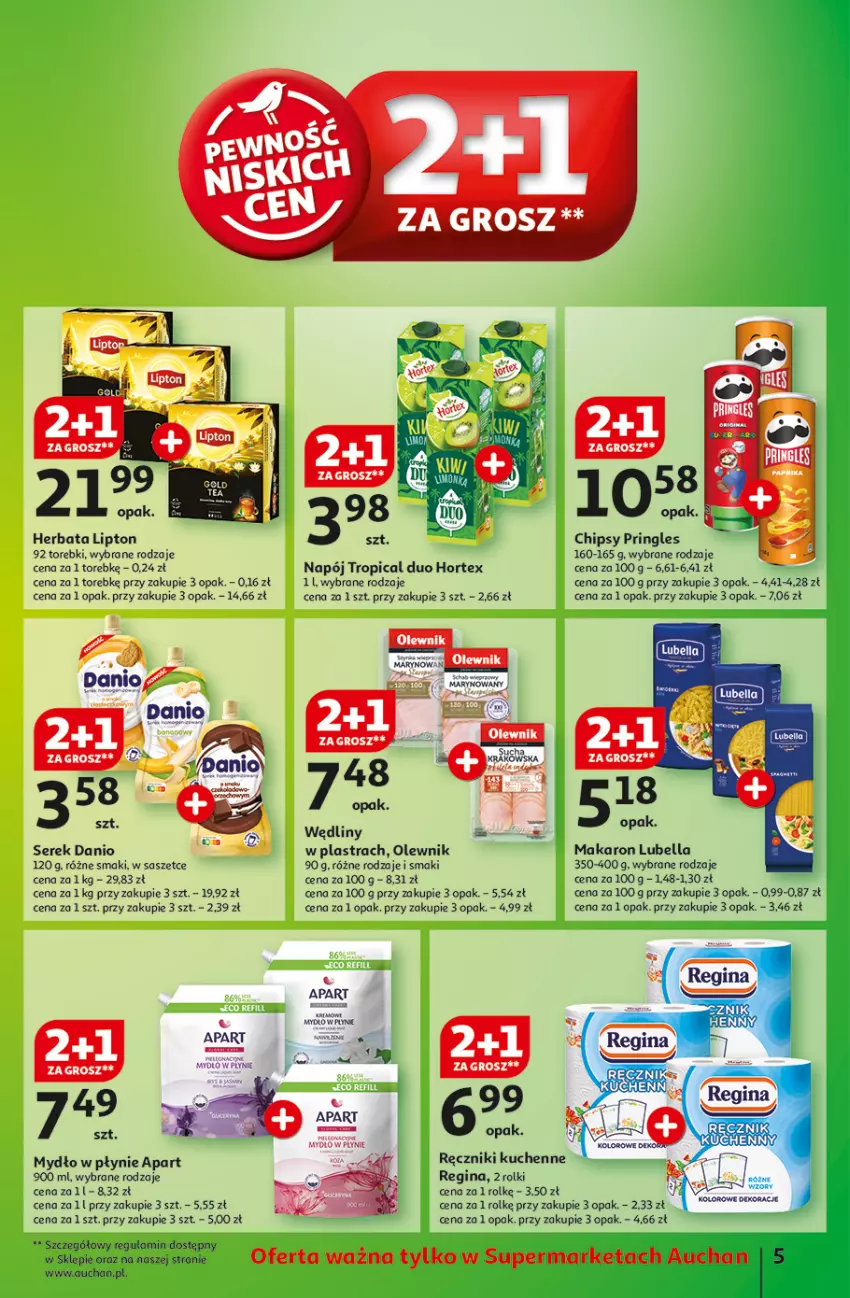 Gazetka promocyjna Auchan - z MAŁĄ CENKĄ dźwigniesz więcej! Supermarket - ważna 06.02 do 12.02.2025 - strona 5 - produkty: Bell, Bella, Chipsy, Danio, Gin, Herbata, Hortex, Lipton, Lubella, Makaron, Mydło, Mydło w płynie, Napój, Olewnik, Pringles, Rolki, Ser, Serek, Tran, Tropical