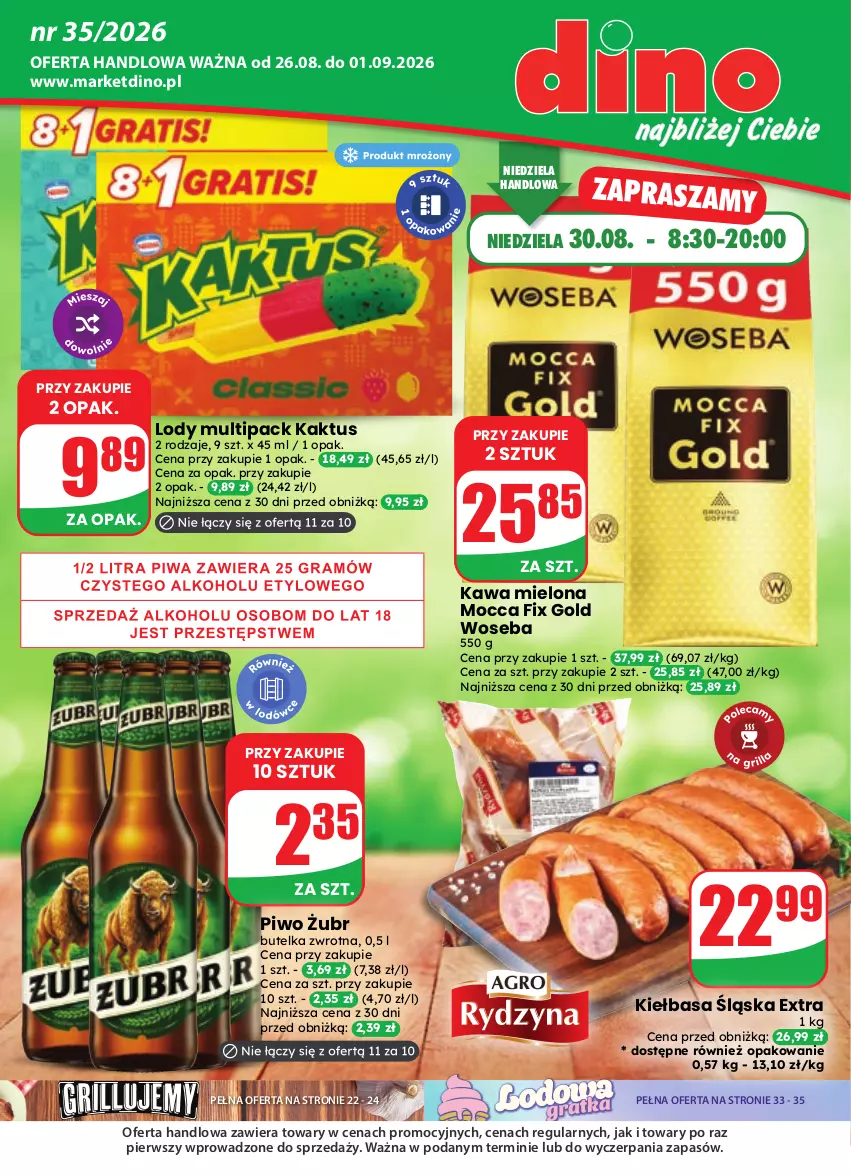 Gazetka promocyjna Dino - Gazetka 35 / 2026 - ważna 26.08 do 01.09.2026 - strona 1 - produkty: Gra, Kaktus, Kawa, Kawa mielona, Kiełbasa, Kiełbasa śląska, Lody, Mocca Fix Gold, Piwa, Piwo, Woseba