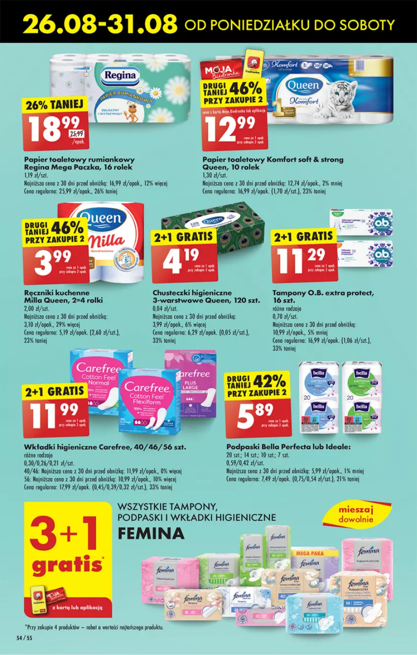 Gazetka promocyjna Biedronka - Od poniedzialku - ważna 26.08 do 31.08.2024 - strona 64 - produkty: Bell, Bella, Carefree, Chusteczki, Fa, Gin, Gra, O.B., Papier, Papier toaletowy, Perfecta, Podpaski, Ręcznik, Rolki, Rum, Tampony, Wkładki