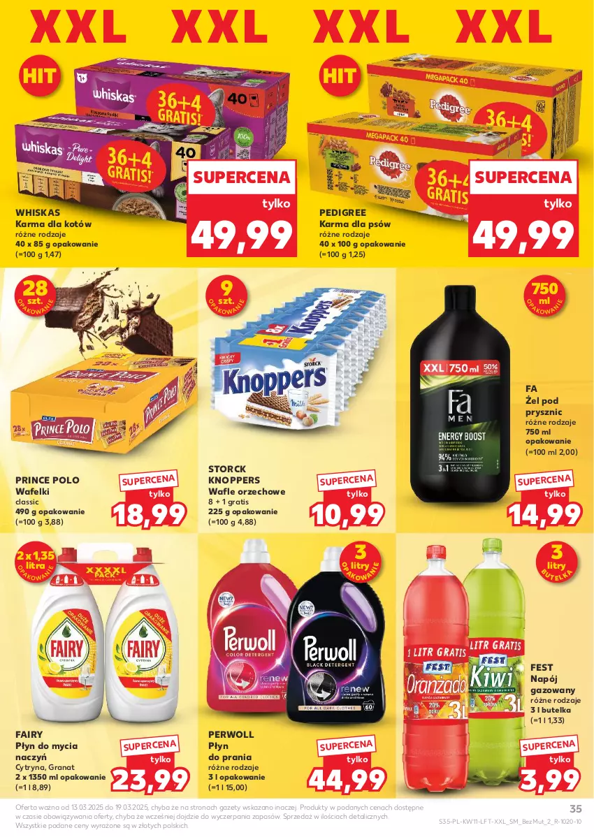 Gazetka promocyjna Kaufland - Gazetka tygodnia - ważna 13.03 do 19.03.2025 - strona 35 - produkty: Do mycia naczyń, Fa, Fairy, Gra, Granat, Knoppers, Napój, Napój gazowany, Pedigree, Perwoll, Płyn do mycia, Płyn do mycia naczyń, Płyn do prania, Prince Polo, Wafle, Whiskas