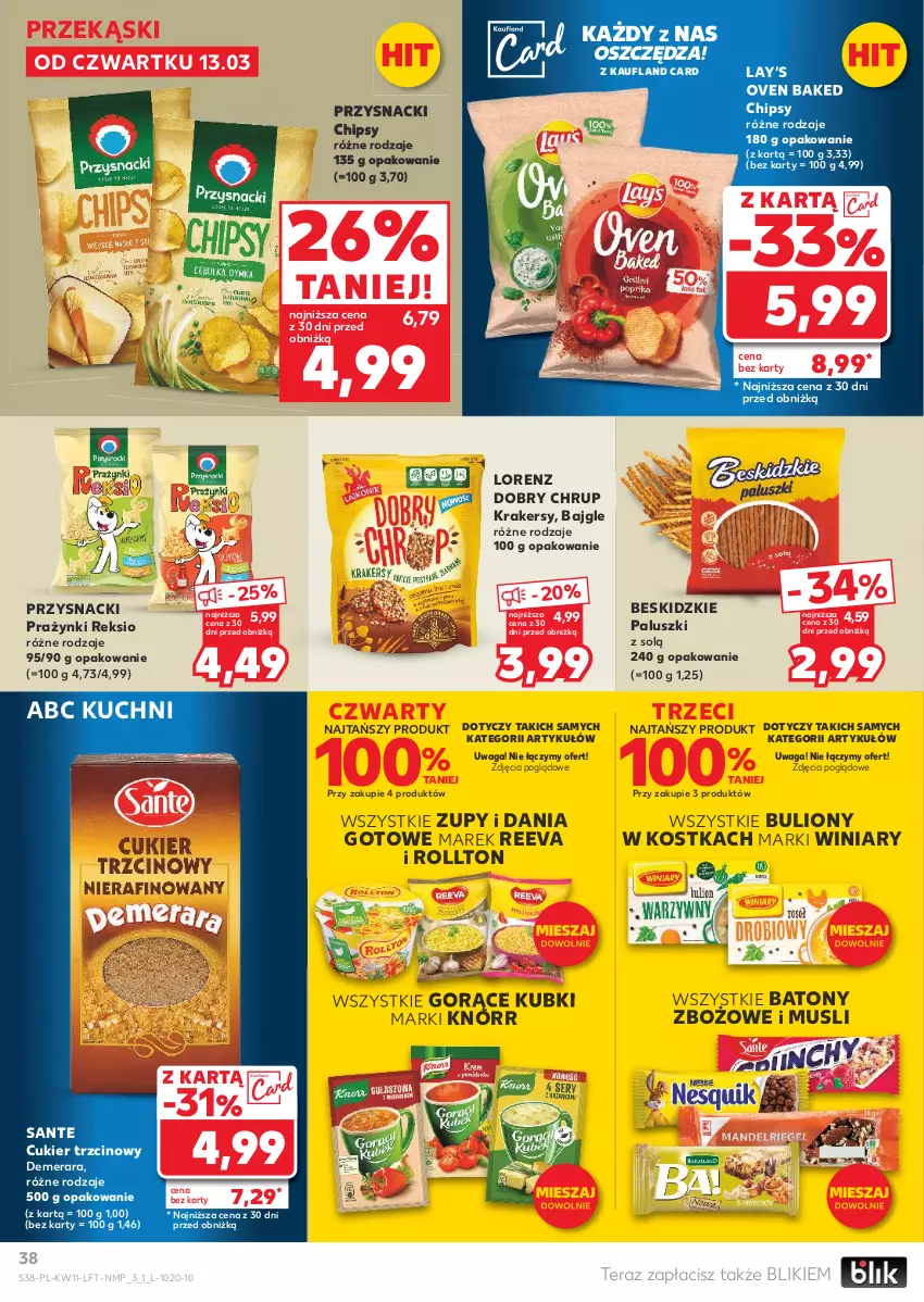 Gazetka promocyjna Kaufland - Gazetka tygodnia - ważna 13.03 do 19.03.2025 - strona 38 - produkty: Bajgle, Baton, Beskidzki, Beskidzkie paluszki, Bulion, Chipsy, Cukier, Cukier trzcinowy, Dania gotowe, Knorr, Krakersy, Lay’s, Lion, Lorenz, Mus, Przysnacki, Sante, Tera, Waga, Winiary