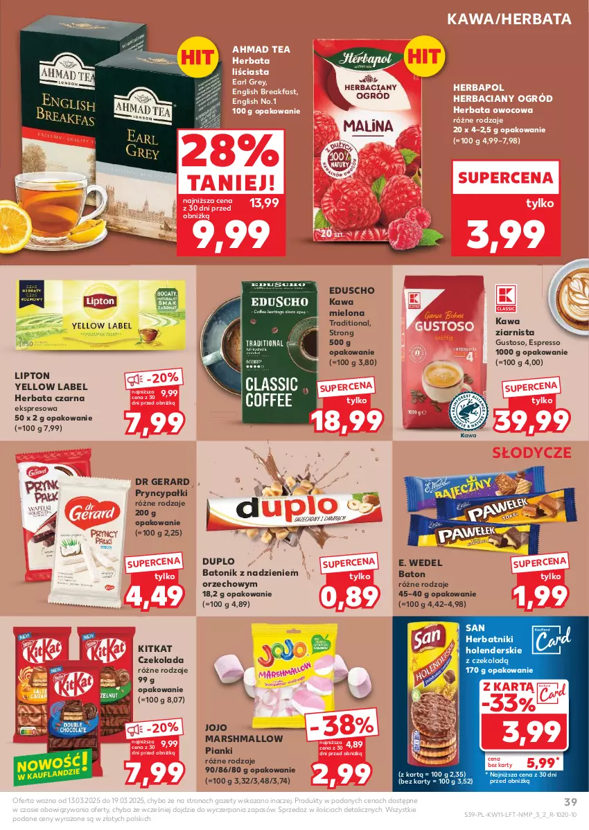 Gazetka promocyjna Kaufland - Gazetka tygodnia - ważna 13.03 do 19.03.2025 - strona 39 - produkty: Baton, Czekolada, Dr Gerard, E. Wedel, Earl Grey, Fa, Herbapol, Herbata, Herbata czarna, Herbata owocowa, Herbatniki, Kawa, Kawa mielona, Kawa ziarnista, Lipton, Mars, Ogród, Tonik