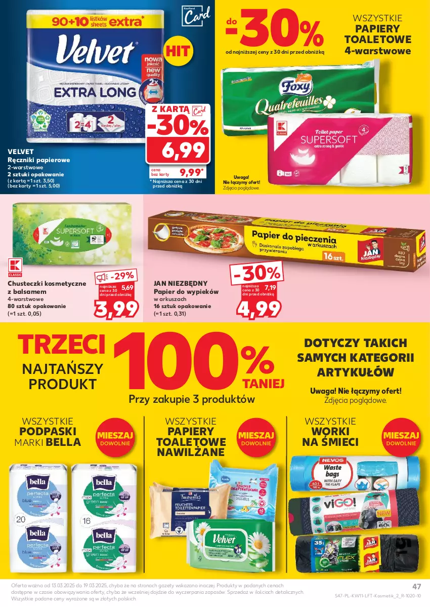 Gazetka promocyjna Kaufland - Gazetka tygodnia - ważna 13.03 do 19.03.2025 - strona 47 - produkty: Bell, Bella, Chusteczki, Chusteczki kosmetyczne, Jan Niezbędny, Papier, Podpaski, Ręcznik, Ręczniki papierowe, Velvet, Waga, Worki na śmiec, Worki na śmieci