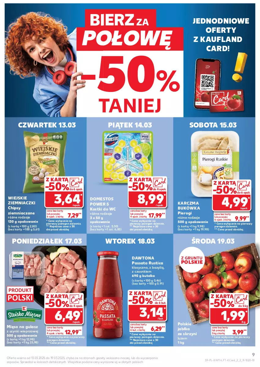 Gazetka promocyjna Kaufland - Gazetka tygodnia - ważna 13.03 do 19.03.2025 - strona 9 - produkty: Bazyl, Chipsy, Dawtona, Domestos, Grunt, Jabłka, Mięso, Mięso na gulasz, Pierogi, Rust