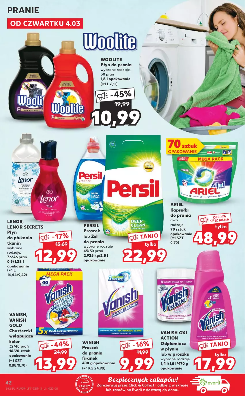 Gazetka promocyjna Kaufland - OFERTA TYGODNIA - ważna 04.03 do 10.03.2021 - strona 42 - produkty: Ariel, Chusteczki, Kapsułki do prania, Lenor, Odplamiacz, Persil, Piec, Płyn do płukania, Płyn do prania, Proszek do prania, Vanish, Vanish Gold, Woolite