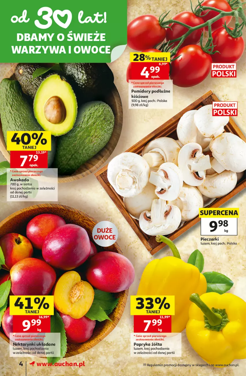 Gazetka promocyjna Auchan - 30 Lat Supermarket - ważna 05.06 do 10.06.2026 - strona 4 - produkty: Owoce, Papryka, Papryka żółta, Piec, Pomidory, Warzywa, Warzywa i owoce