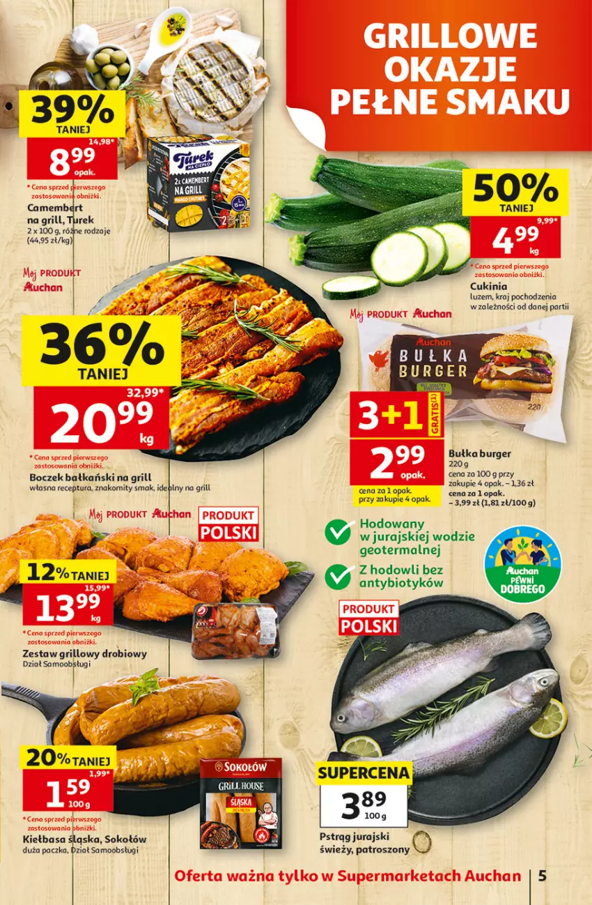 Gazetka promocyjna Auchan - 30 Lat Supermarket - ważna 05.06 do 10.06.2026 - strona 5 - produkty: Boczek, Bułka, Burger, Grill, Kiełbasa, Kiełbasa śląska, Pstrąg, Sok, Sokołów