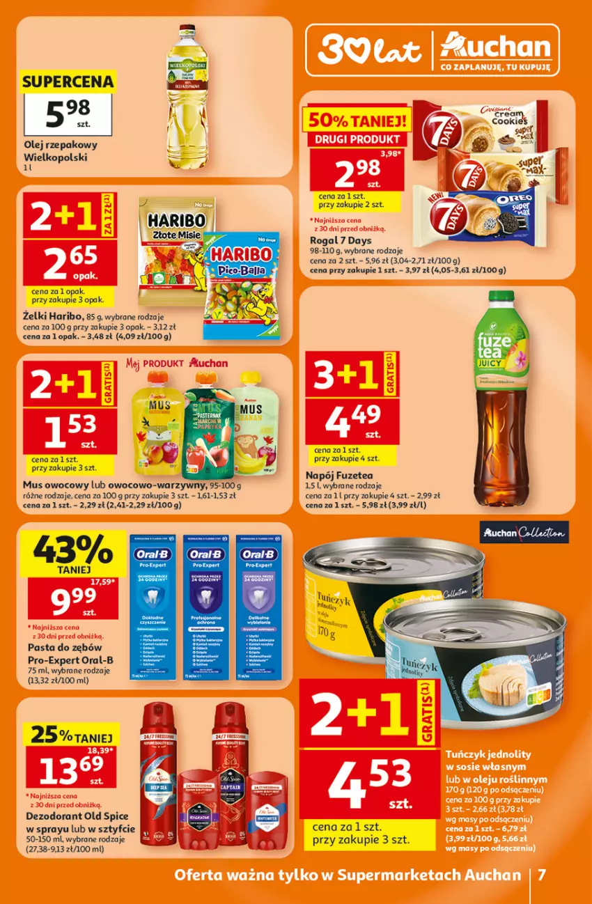 Gazetka promocyjna Auchan - 30 Lat Supermarket - ważna 05.06 do 10.06.2026 - strona 7 - produkty: 7 Days, Dezodorant, Haribo, Mus, Napój, Old Spice, Olej, Olej rzepakowy, Pasta do zębów, Rogal