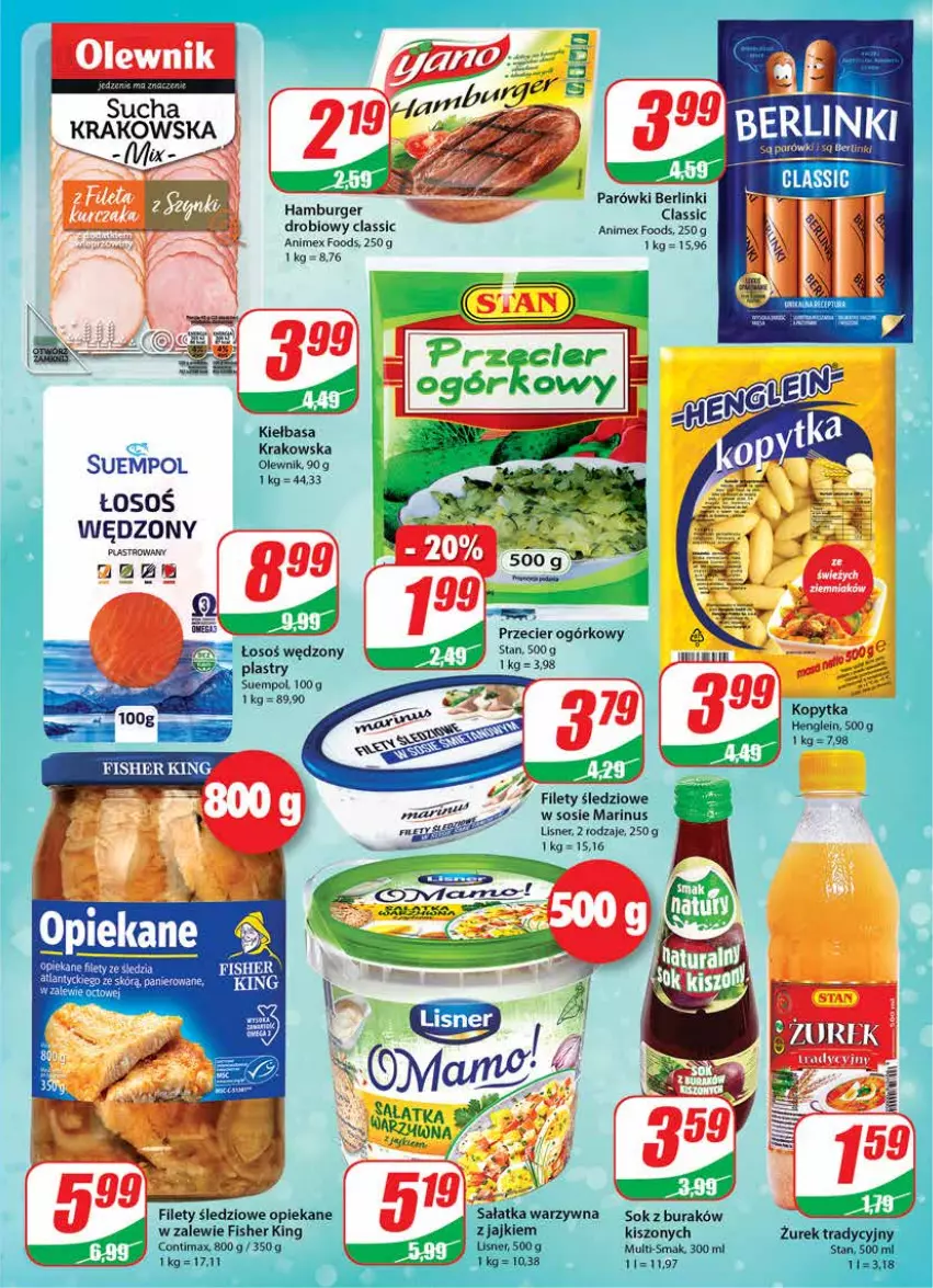 Gazetka promocyjna Dino - Gazetka - ważna 12.01 do 18.01.2022 - strona 13 - produkty: Berlinki, Burger, Hamburger, Kiełbasa, Kiełbasa krakowska, Kopytka, Lisner, Olewnik, Parówki, Sałat, Sałatka, Sałatka warzywna, Sok, Sos, Suempol