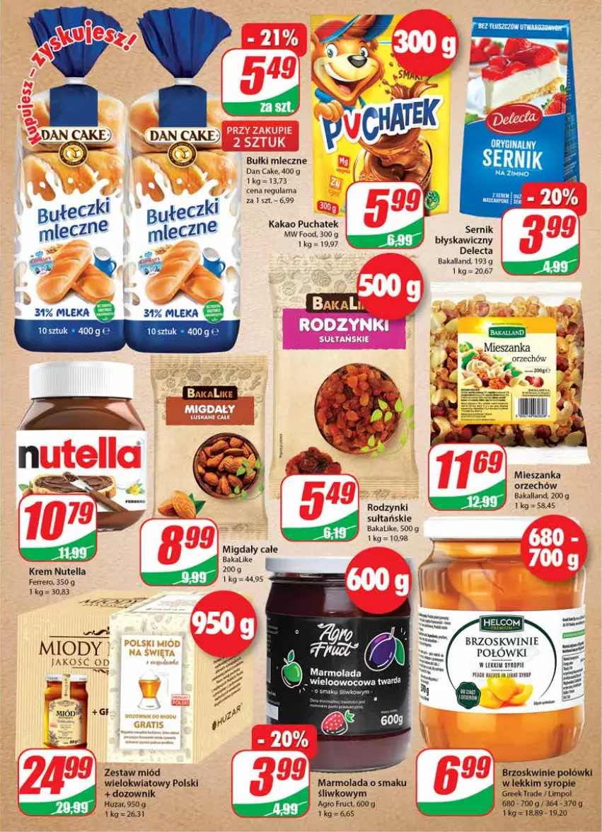 Gazetka promocyjna Dino - Gazetka - ważna 12.01 do 18.01.2022 - strona 5 - produkty: Bakalland, Brzoskwinie, Dan Cake, Delecta, Dozownik, Ferrero, Gin, Kakao, Marmolada, Migdały, Miód, Mola, Nutella, Rodzynki, Ser, Syrop