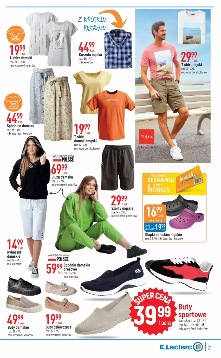 Gazetka promocyjna E Leclerc - ważna 12.04 do 24.04.2023 - strona 21 - produkty: Bluza, Buty, Dres, Klapki, Kosz, Koszula, Ryba, Spódnica, Spodnie, Szorty, T-shirt