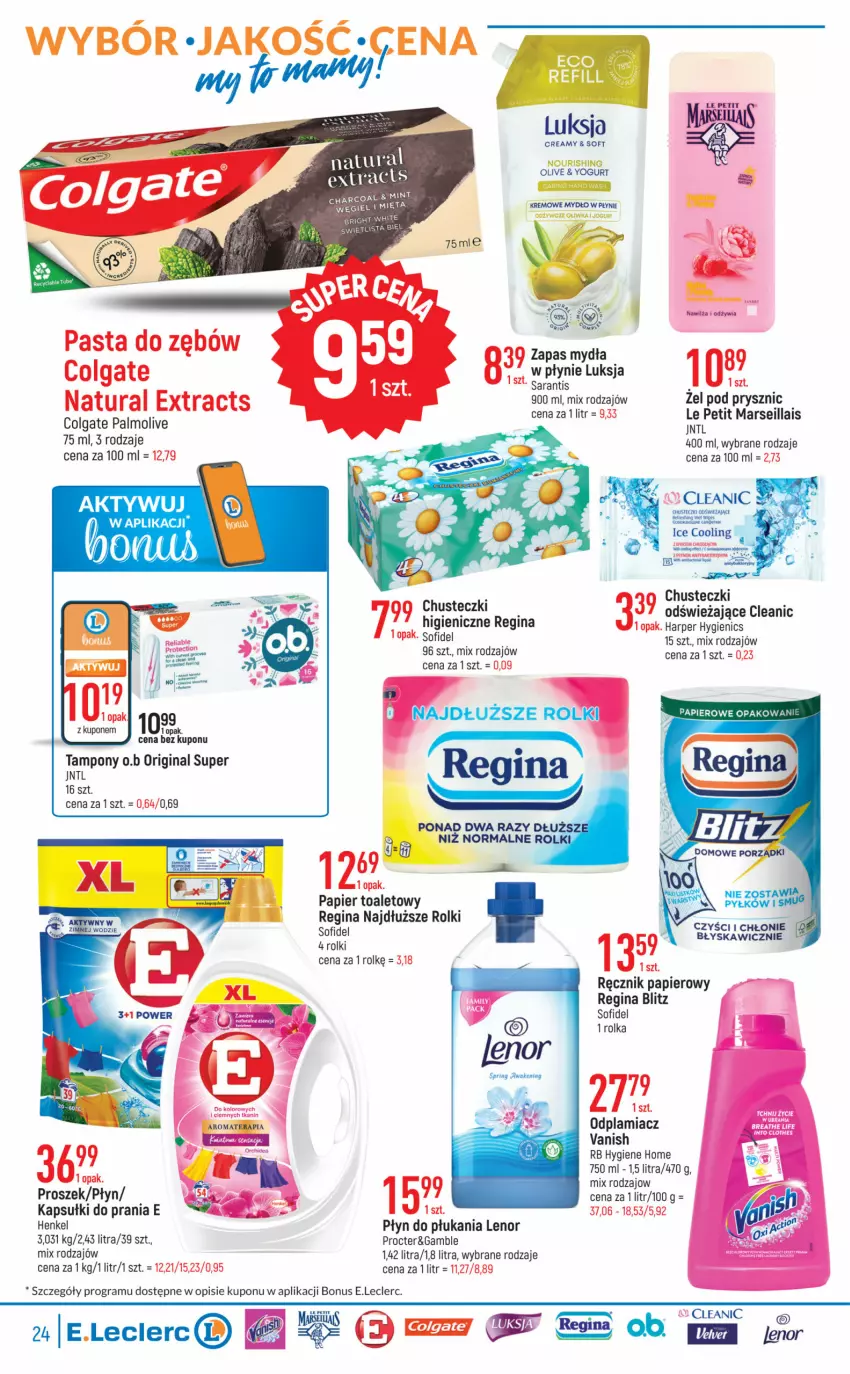 Gazetka promocyjna E Leclerc - ważna 12.04 do 24.04.2023 - strona 24 - produkty: Chusteczki, Cleanic, Colgate, Gin, Gra, Kapsułki do prania, Lenor, LG, Luksja, Mars, Mydło, Mydło w płynie, Odplamiacz, Palmolive, Papier, Pasta do zębów, Płyn do płukania, Ręcznik, Rolki, Tampony, Vanish