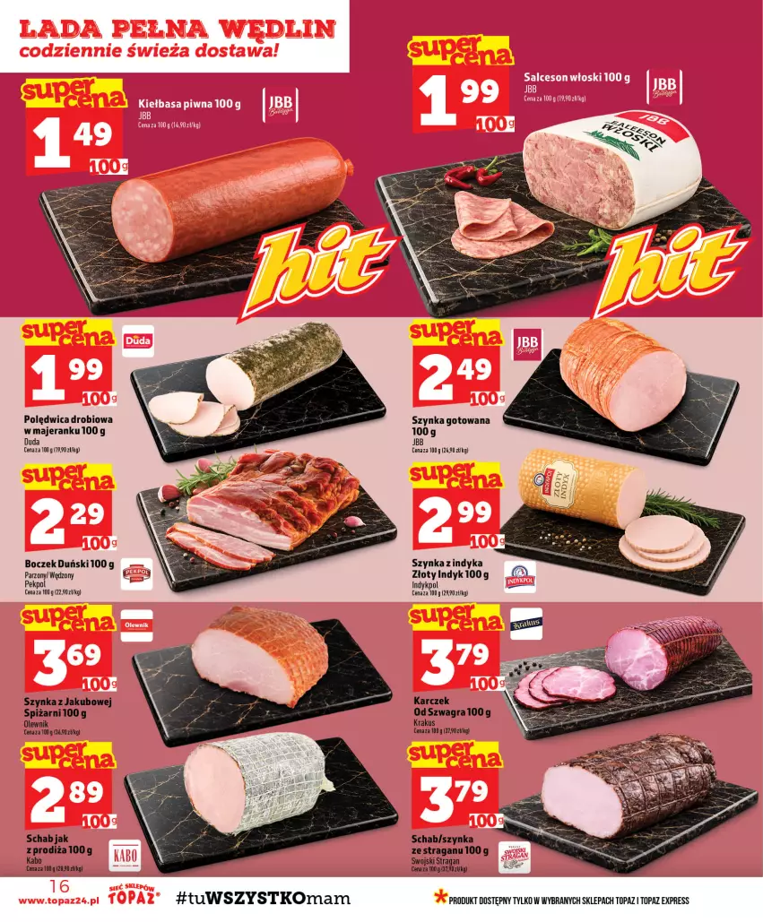 Gazetka promocyjna Topaz - Gazetka - ważna 06.08 do 12.08.2026 - strona 16 - produkty: Boczek, Duda, Gra, Krakus, Olewnik, Polędwica, Szynka, Top