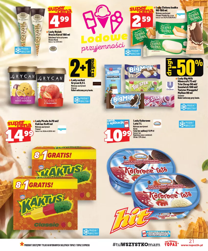 Gazetka promocyjna Topaz - Gazetka - ważna 06.08 do 12.08.2026 - strona 21 - produkty: Big Milk, Gry, Kaktus, LG, Lody, Minecraft, Tarta, Top, Zielona Budka