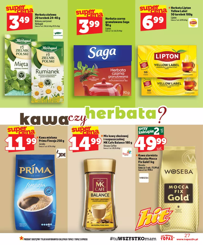 Gazetka promocyjna Topaz - Gazetka - ważna 06.08 do 12.08.2026 - strona 27 - produkty: Gra, Herbapol, Herbata, Herbata czarna, Kawa, Kawa ziarnista, Lack, Lipton, Mocca Fix Gold, Saga, Top, Woseba