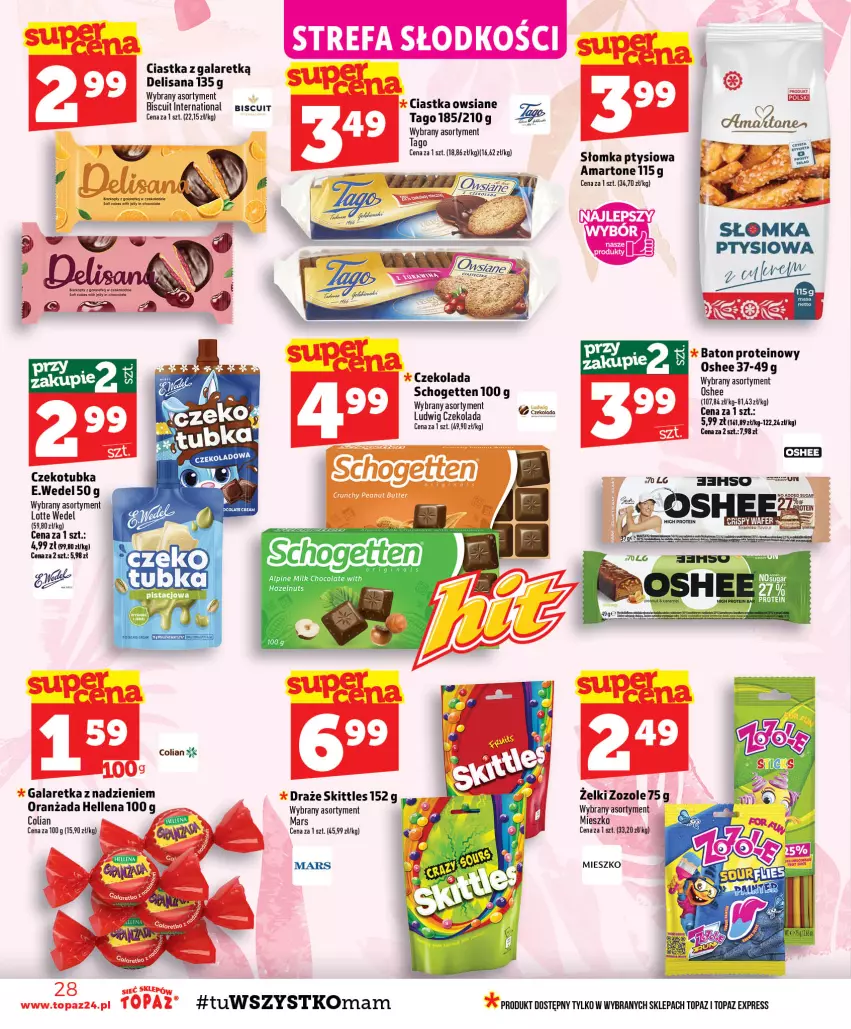 Gazetka promocyjna Topaz - Gazetka - ważna 06.08 do 12.08.2026 - strona 28 - produkty: Baton, Ciastka, Ciastka owsiane, Czekolada, Gala, Galaretka, Hellena, Isana, LG, Mars, Oranżada, Schogetten, Tago, Top
