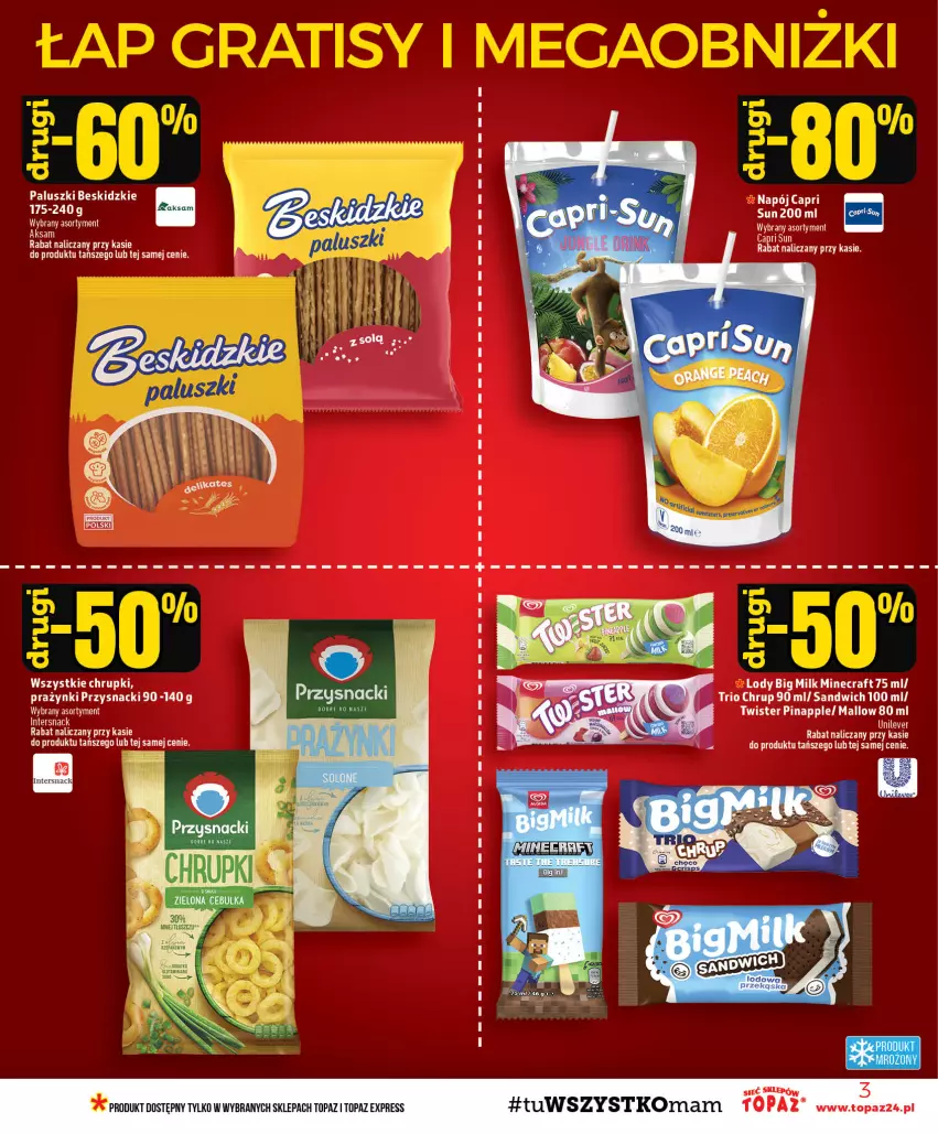 Gazetka promocyjna Topaz - Gazetka - ważna 06.08 do 12.08.2026 - strona 3 - produkty: Aksam, Big Milk, Chrupki, Lody, Minecraft, Napój, O nas, Przysnacki, Top