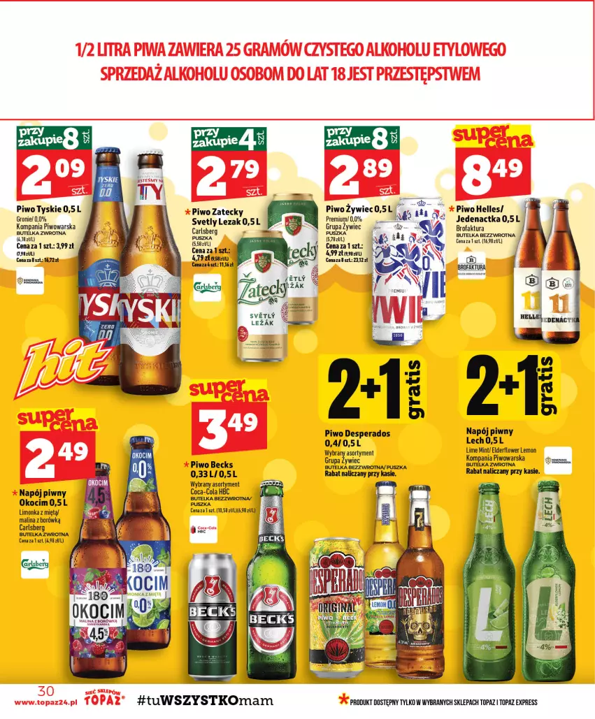 Gazetka promocyjna Topaz - Gazetka - ważna 06.08 do 12.08.2026 - strona 30 - produkty: Carlsberg, Coca-Cola, Desperados, Fa, Koc, Limonka, Napój, Okocim, Piwo, Top, Tyskie