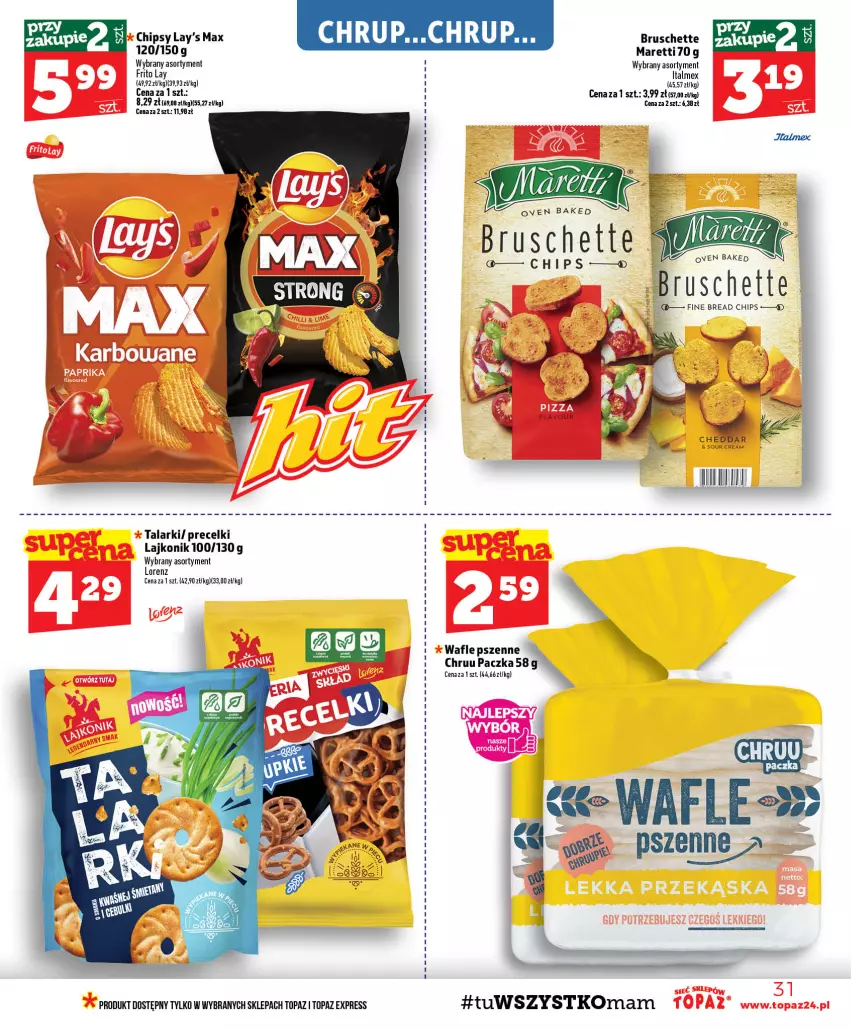 Gazetka promocyjna Topaz - Gazetka - ważna 06.08 do 12.08.2026 - strona 31 - produkty: Bruschette, Lajkonik, Lorenz, Precelki, Top, Wafle