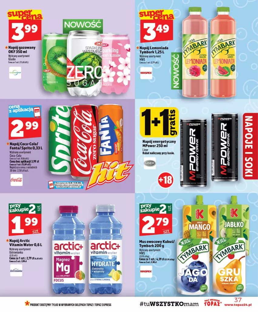 Gazetka promocyjna Topaz - Gazetka - ważna 06.08 do 12.08.2026 - strona 37 - produkty: Coca-Cola, Fa, Fanta, Kubuś, Lemoniada, Mus, Napój, Napój energetyczny, Napój gazowany, Sprite, Top, Tymbark