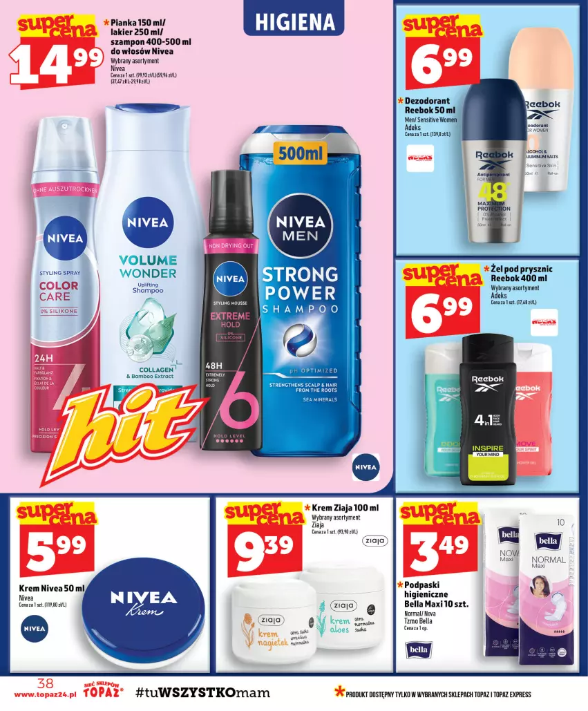 Gazetka promocyjna Topaz - Gazetka - ważna 06.08 do 12.08.2026 - strona 38 - produkty: Bell, Bella, Dezodorant, Lakier, Nivea, Podpaski, Szampon, Top, Ziaja
