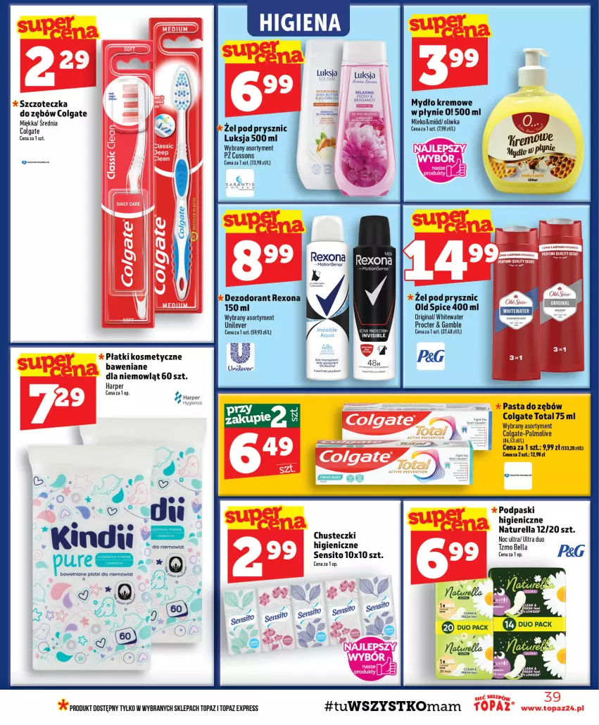 Gazetka promocyjna Topaz - Gazetka - ważna 06.08 do 12.08.2026 - strona 39 - produkty: Bell, Bella, Chusteczki, Colgate, Colgate Total, Dezodorant, Gin, LG, Luksja, Miód, Mleko, Mydło, Naturell, Naturella, Old Spice, Palmolive, Pasta do zębów, Płatki kosmetyczne, Podpaski, Pur, Rexona, Sito, Szczoteczka, Szczoteczka do zębów, Top