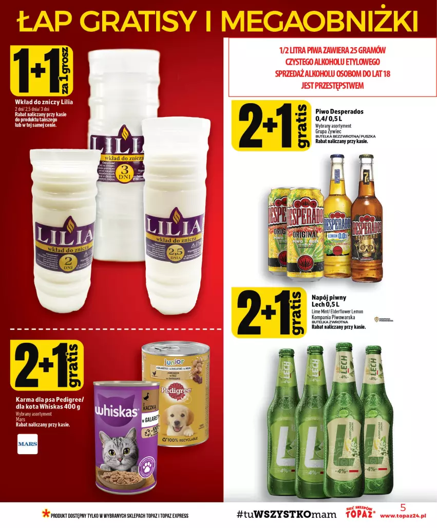 Gazetka promocyjna Topaz - Gazetka - ważna 06.08 do 12.08.2026 - strona 5 - produkty: Desperados, Gala, Gra, Mars, Napój, Pedigree, Piwo, Top, Whiskas, Znicz