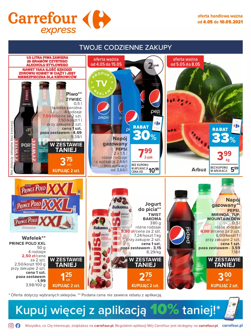 Gazetka promocyjna Carrefour - Gazetka Express - ważna 03.05 do 10.05.2021 - strona 1 - produkty: 7up, Arbuz, Bakoma, Gra, Jogurt, Kosz, Mirinda, Napój, Napój gazowany, Pepsi, Piec, Piwa, Piwo, Prince Polo, Wafelek