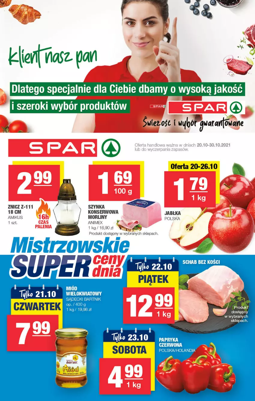 Gazetka promocyjna Spar - ważna 17.10 do 27.10.2021 - strona 1 - produkty: Jabłka, Morliny, Ser, Sok, Szynka, Znicz