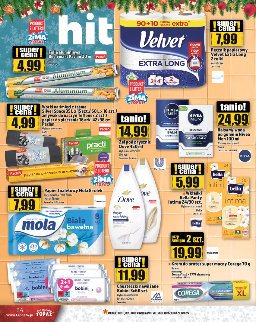 Gazetka promocyjna Topaz - Gazetka - ważna 05.12 do 11.12.2024 - strona 24 - produkty: Bell, Bella, Chusteczki, Corega, Dove, Mola, Nivea, Papier, Papier do pieczenia, Papier toaletowy, Piec, Ręcznik, Rolki, SEKO, Top, Woda