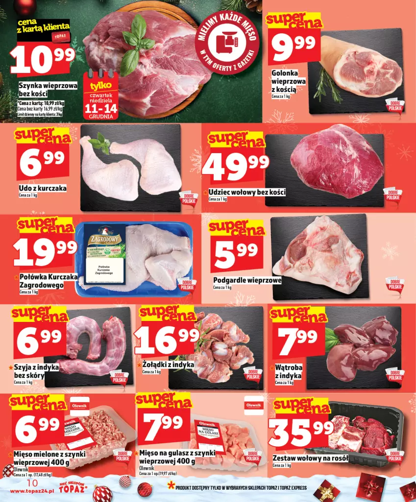 Gazetka promocyjna Topaz - Gazetka - ważna 11.12 do 17.12.2025 - strona 10 - produkty: Golonka wieprzowa, Kurczak, Mięso, Mięso mielone, Mięso mielone z szynki, Mięso na gulasz, Olewnik, Por, Top, Udo z kurczaka