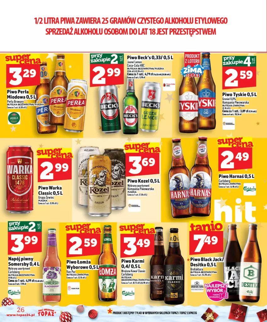 Gazetka promocyjna Topaz - Gazetka - ważna 11.12 do 17.12.2025 - strona 26 - produkty: Carlsberg, Coca-Cola, Fa, Harnaś, Karmi, Kawa, Kozel, Lack, Napój, Perła, Piwo, Pur, Somersby, Tyskie, Warka