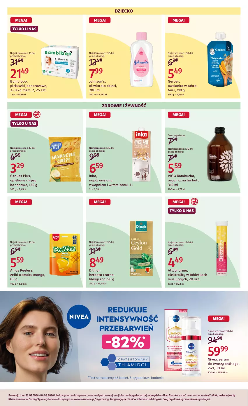 Gazetka promocyjna Rossmann - Gazetka promocyjna Rossmanna - ważna 26.02 do 04.03.2026 - strona 6 - produkty: Chipsy, Dilmah, Dzieci, Genuss Plus, Gerber, Herbata, Herbata czarna, Inka, Mango, Mus, Napój, Nivea, Oliwka dla dzieci, Owsianka, Rum, Ser, Serum, Serum do twarzy, Tablet, Zdrowie