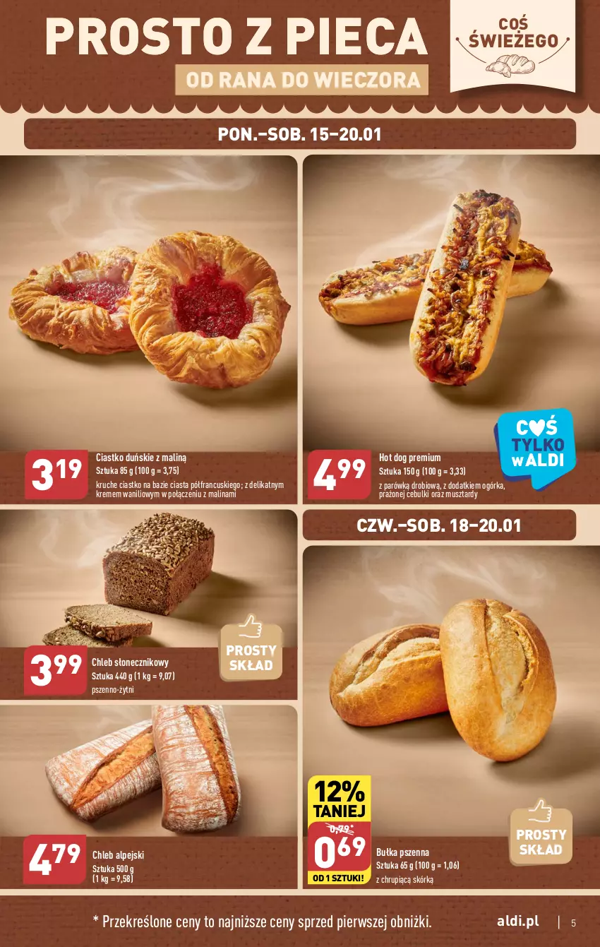 Gazetka promocyjna Aldi - Pełna oferta - ważna 15.01 do 20.01.2024 - strona 5 - produkty: Bułka, Chleb, Hot dog, Mus, Piec