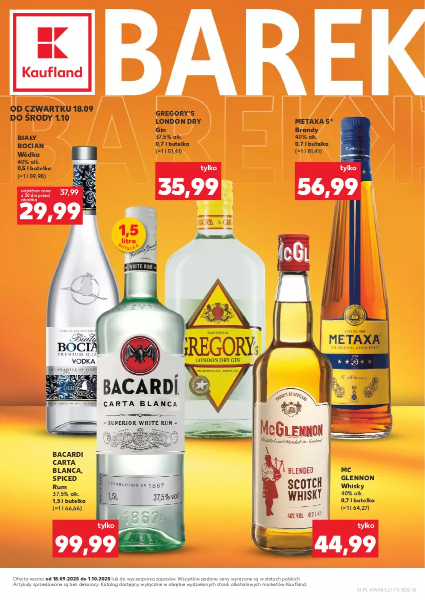 Gazetka promocyjna Kaufland - Barek Kauflandu - ważna 18.09 do 01.10.2025 - strona 1 - produkty: Bacardi, Biały Bocian, Brandy, Gin, Metaxa, Rum, Whisky, Wódka