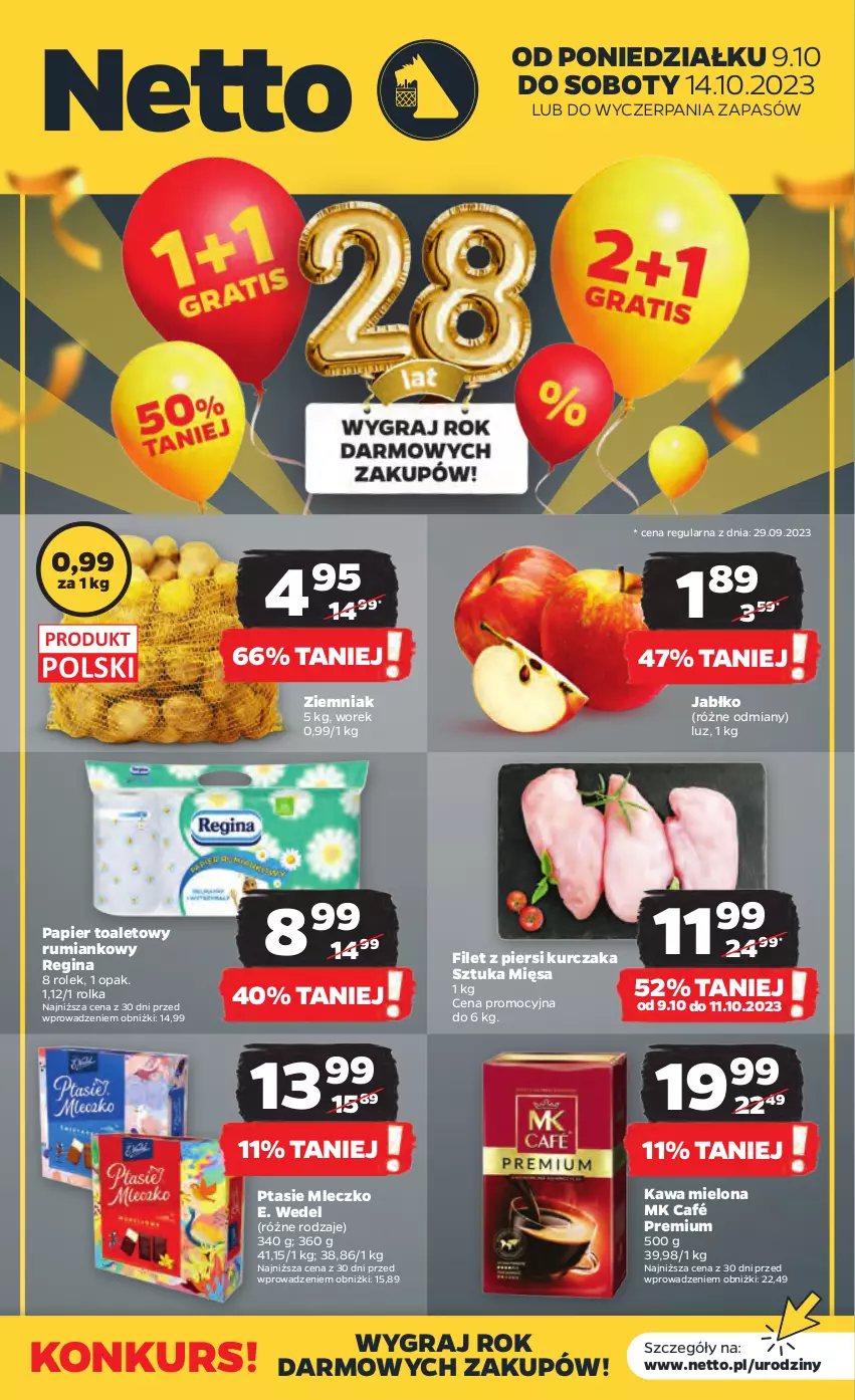 Gazetka promocyjna Netto - Artykuły spożywcze - ważna 09.10 do 14.10.2023 - strona 1 - produkty: E. Wedel, Filet z piersi kurczaka, Gin, Gra, Kawa, Kawa mielona, Kurczak, Mleczko, Papier, Papier toaletowy, Ptasie mleczko, Rum