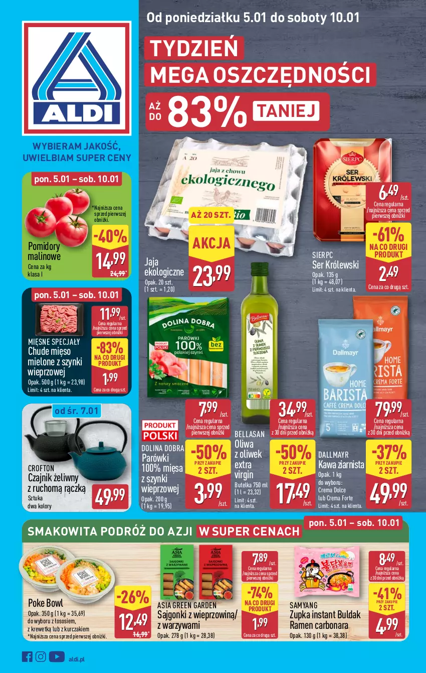 Gazetka promocyjna Aldi - Pełna oferta - ważna 05.01 do 10.01.2026 - strona 1 - produkty: Bell, Bella, Czajnik, Dallmayr, Gin, Jaja, Kawa, Kawa ziarnista, Królewski, Kurczak, Mięsne specjały, Mięso, Mięso mielone, Mięso mielone z szynki, Oliwa, Oliwa z oliwek, Parówki, Pomidory, Sajgonki, Ser, Smakowita, Sos, Warzywa