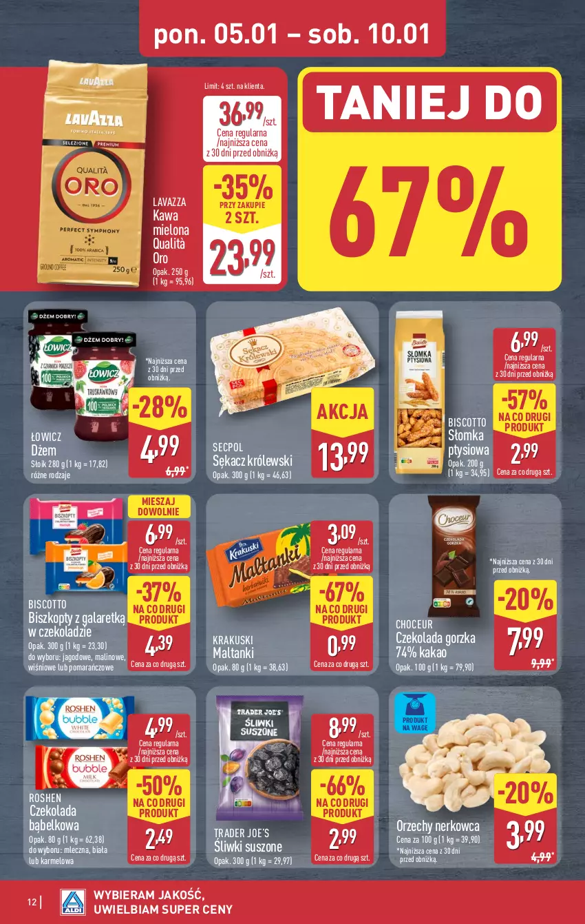 Gazetka promocyjna Aldi - Pełna oferta - ważna 05.01 do 10.01.2026 - strona 12 - produkty: Biszkopty, Czekolada, Czekolada gorzka, Dżem, Gala, Kakao, Kawa, Kawa mielona, Krakus, Krakuski, Królewski, Lavazza, Sękacz