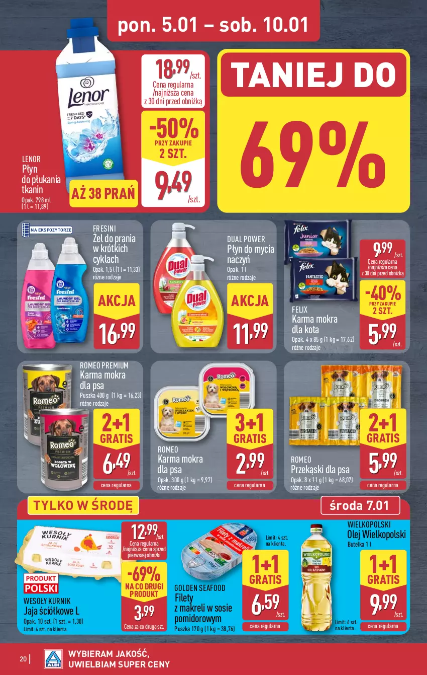 Gazetka promocyjna Aldi - Pełna oferta - ważna 05.01 do 10.01.2026 - strona 20 - produkty: Do mycia naczyń, Felix, Golden Seafood, Gra, Jaja, Lenor, Olej, Płyn do mycia, Płyn do mycia naczyń, Płyn do płukania, Przekąski dla psa, Sos