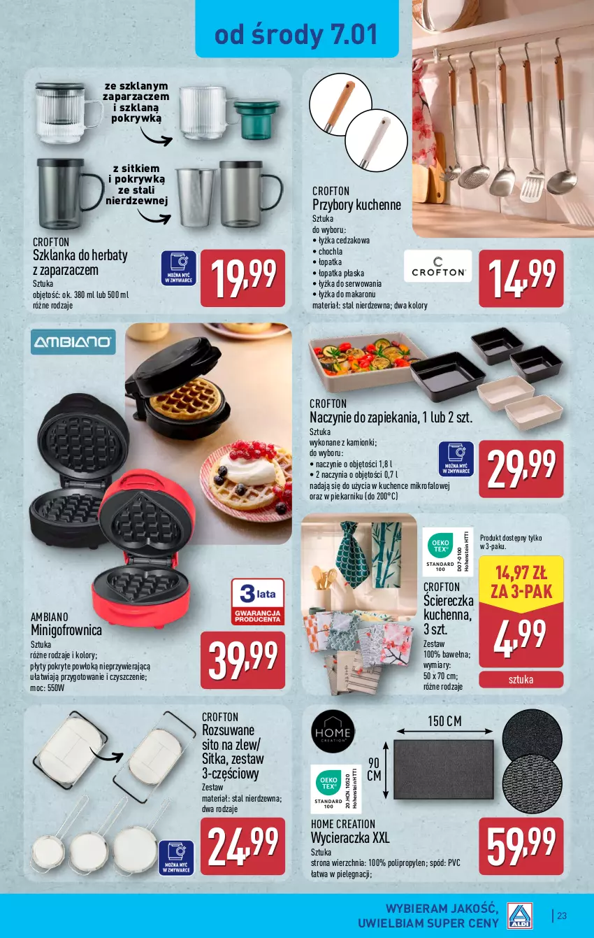 Gazetka promocyjna Aldi - Pełna oferta - ważna 05.01 do 10.01.2026 - strona 23 - produkty: Cedzak, Fa, Gofrownica, Makaron, Piekarnik, Przybory kuchenne, Ser, Sito, Szklanka, Wełna, Wycieraczka, Zaparzacz, Zlew