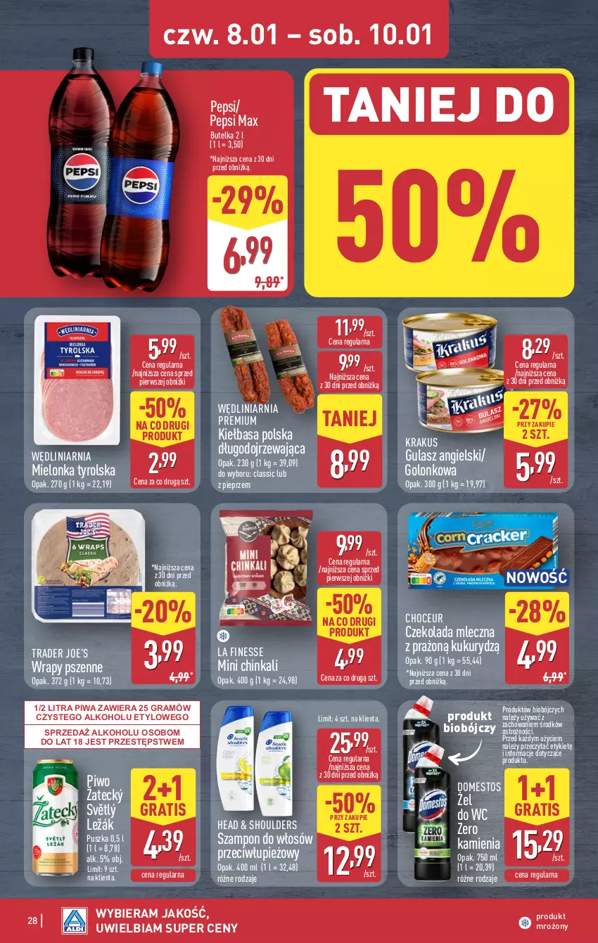 Gazetka promocyjna Aldi - Pełna oferta - ważna 05.01 do 10.01.2026 - strona 28 - produkty: Czekolada, Czekolada mleczna, Domestos, Gra, Inka, Kiełbasa, Krakus, Mielonka tyrolska, Pepsi, Pepsi max, Pieprz, Piwa, Piwo, Szampon