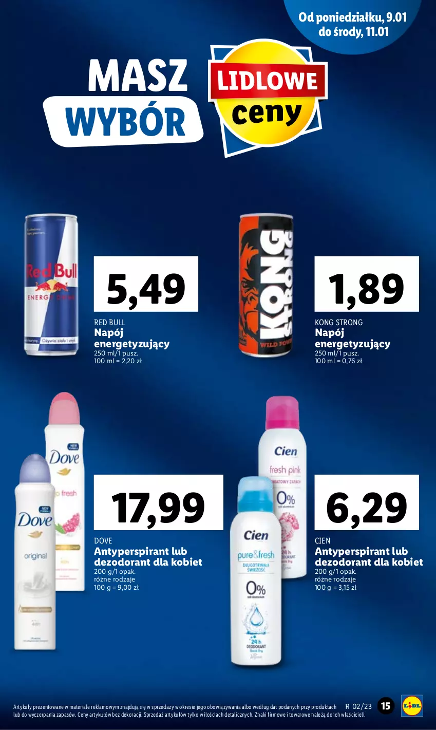 Gazetka promocyjna Lidl - GAZETKA - ważna 09.01 do 11.01.2023 - strona 15 - produkty: Antyperspirant, Dezodorant, Dove, Napój, Red Bull