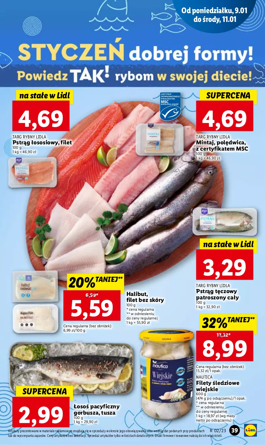 Gazetka promocyjna Lidl - GAZETKA - ważna 09.01 do 11.01.2023 - strona 43 - produkty: Halibut, Mintaj, Polędwica, Pstrąg, Pstrąg łososiowy, Pstrąg tęczowy, Sos, Tusz